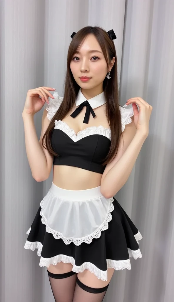 (1young girlrown hair, Amazing face and eyes, Pink eyes, seducting smile, (Maid café costume with frills, Pleated mini-skirt:1.5), (Wide open maid cafe costume:1.2), bared chest, (amazingly beautiful girl), Brown hair, Stylish hair ornamen Quality:1.4), (Ultra-detailed), (extremely detailed CG unified 8k wallpaper), Highly detailed, High-definition raw color photos, Professional Photography, depth of fields, (View from below),