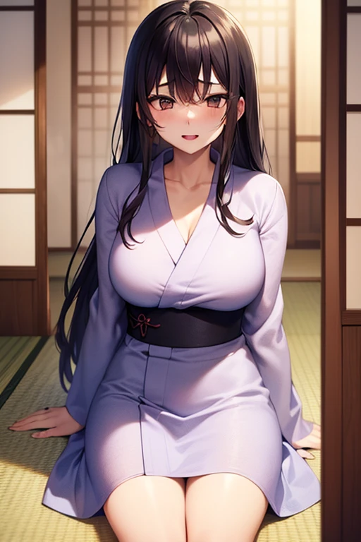 Frozen, evening, neckline, , Deep gray eyes, officer, black kimono, stars, big breasts, from below, by rubio, smile、On the futon in the Japanese style room、Astride a man、With a stoop、devil face