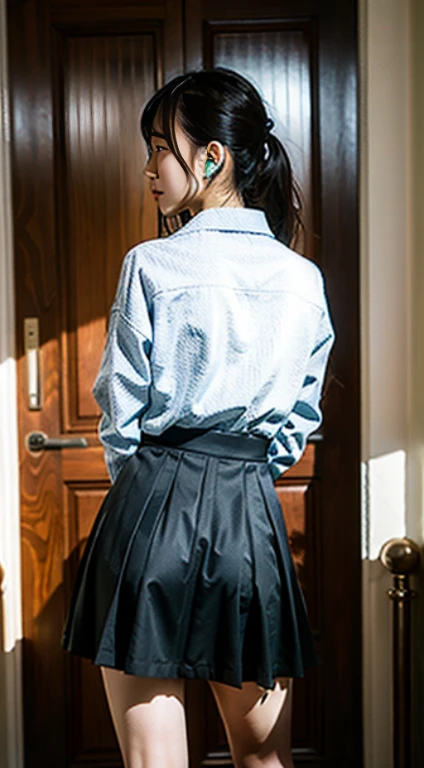 (masterpiece, highest quality, High resolution, 超High resolution, Perfect Pixel, Depth of written boundary, 4K, RTTX 10.0, High resolution))), (One woman:1.3), (Cowboy shots: 1.5) Beautiful Anime Women, Beautiful art style, Anime characters, (, ((Detailed face:1.2)), ((Smooth texture:0.75, Realistic texture:0.5, Anime CG Style)), (Maximum resolution: 1.2), (Ultra HD TV: 1.2), Cinema Lighting, ((highest quality)), ((masterpiece)), (High resolution), 8K, Best Shadow, The best natural light, Cinematic, (Adult woman climbing the stairs), (brown hair,)、Looking back, bashful、ponytail, (blazer, Brown cardigan, White shirt, Checkered Skirt))、(Navy blue socks)、((Rear view))、Angle from the bottom of the back、Manga panel layout、Cartoon style、Manga Design、Station stairs、(Skirt flipped up by strong wind, A perfect skirt of uniform length:1.4), Stylish white satin panties, Slender body,Beautiful thighs, Embarrassed look,(looking down:1.5),(Chuckle-Smile:1.5),