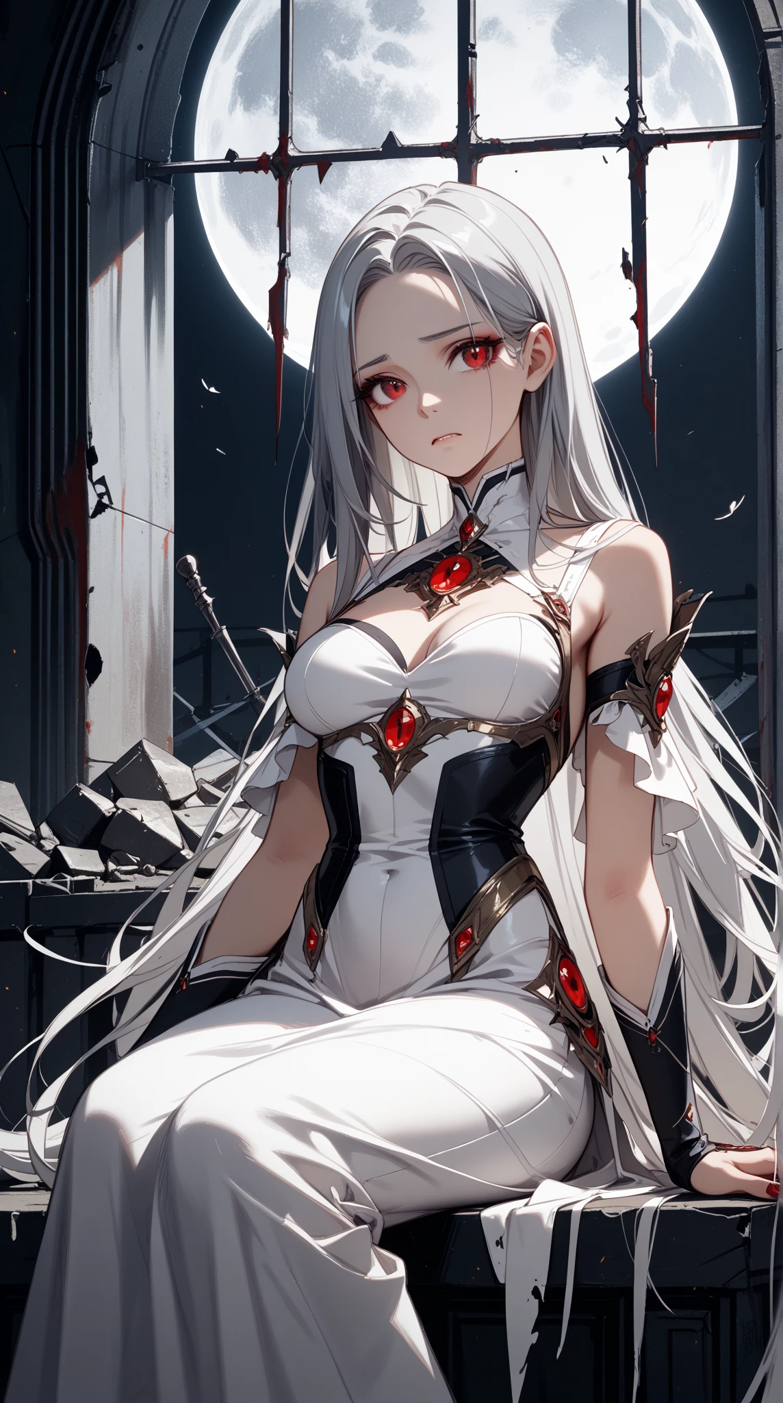 Standing demon queen with white hair and red tint, yellow-eyed. Hottie almost naked. Seductive look in the dark background full of ruins a throne cel cheio de estrelas com cores neutras cheio de espada no chão. , bem gostosinha peito grande quadril é coxa