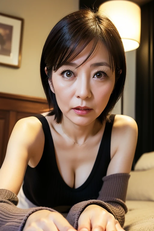 (In 8K, Highest quality, masterpiece:1.2), (Realistic, Realistic:1.37), Very detailed, Natural light, Center of chest, Her cleavage is visible, 1 person, 40-year-old woman, brown ash hair, short hair, Light purple see-through dress, (Wide open chest:1.5), Very detailedな顔と肌, Detailed eyes, Very detailedな顔と肌、Ceiling camera、 (Viewers look up at a 45 degree angle:1.5)、Hotel Bar、indirect lighting
