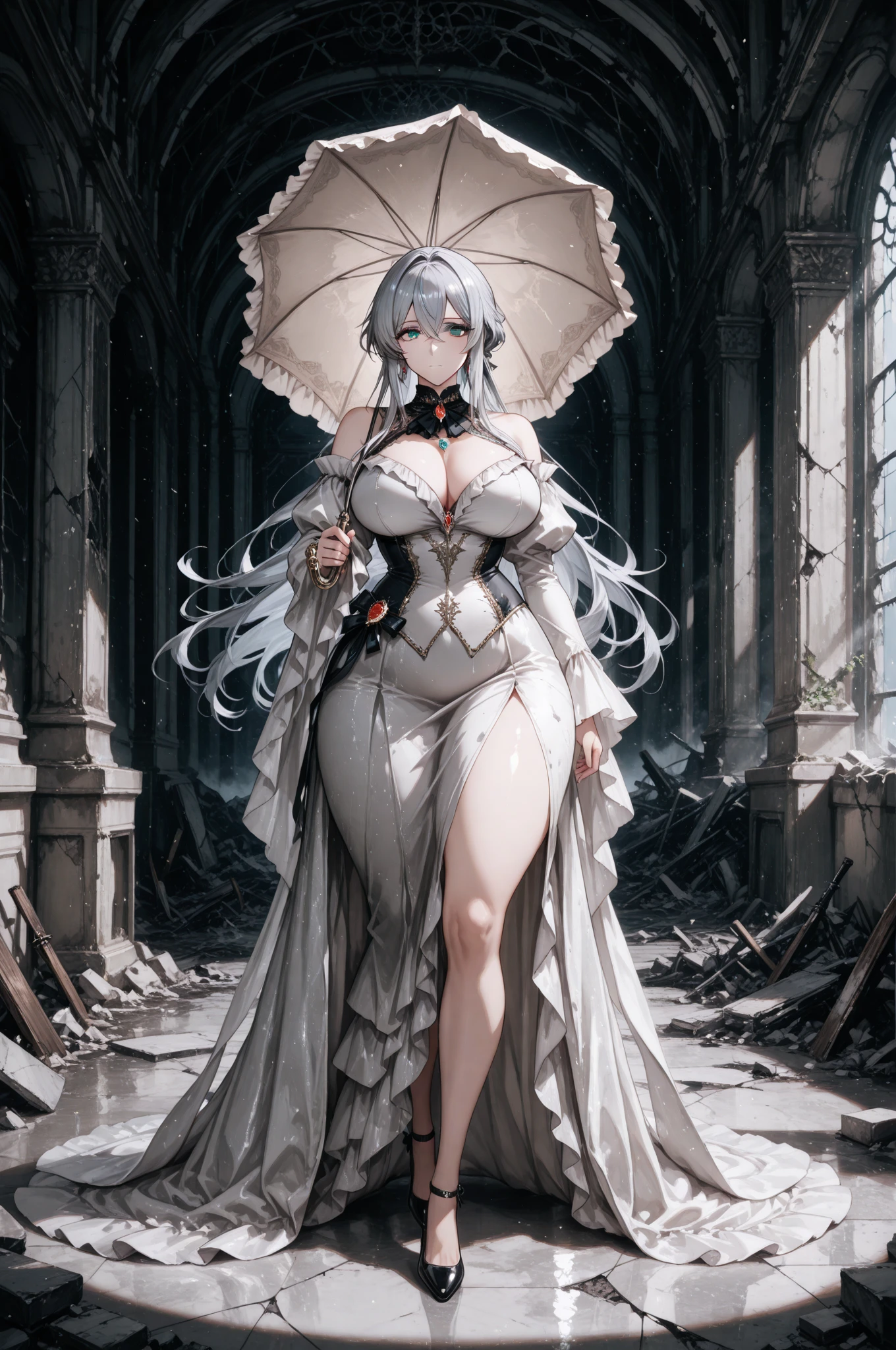 zombie's, undead , undead girl , shorth hair , long ripped dress , undead girl , all-body , undead , Long white ripped dress , Long and wide dress , Shroud, at night , torn dress , undead features , Corpo sexuell , sexuell , blurred look, She stands directly in front of the viewer., with hands down
