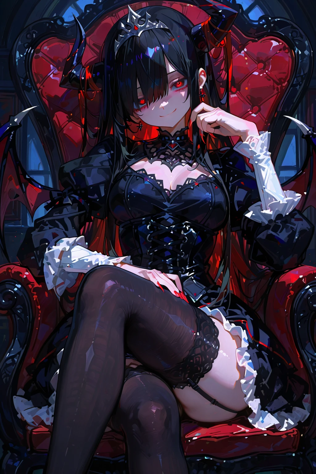 (masterpiece:1.1), (best quality:1.1), (Vibrant colors:1.1), (Solitary:1.2), (1 Girl:1.0), (sit:1.0), (stocking:1.0), (wing:1.0), (Devil's Horns:1.0)