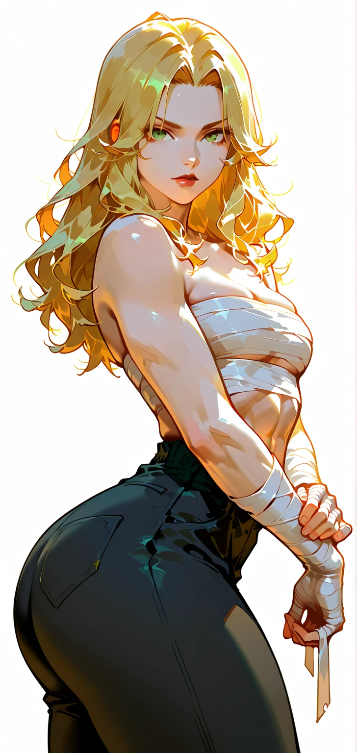 ((masterpiece)), (detailed), anime tan woman wearing a v-neck button-up Collar shirt, (bare shoulders), (bare arms), (jeans), (long hair), starving, (resting hands on the stomach), (hands on the stomach)
