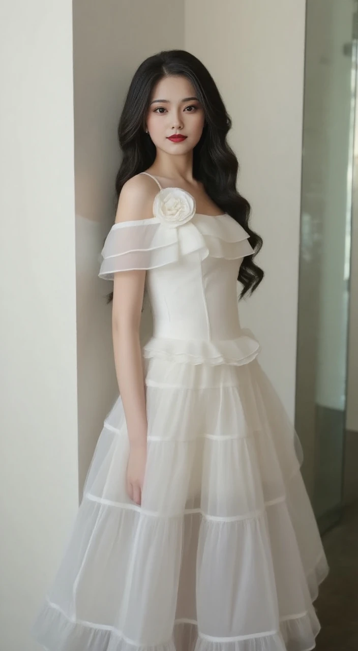 a beautiful young girl wearing a stunning white wedding dress, long flowing hair, gorgeous detailed face with beautiful eyes, delicate lips, and flawless skin, standing in a lush garden with blooming flowers, warm sunlight, (best quality,4k,8k,highres,masterpiece:1.2),ultra-detailed,(realistic,photorealistic,photo-realistic:1.37),intricate details,elegant,cinematic lighting,vibrant colors,portrait,wedding,beautiful bride,youtuber idol