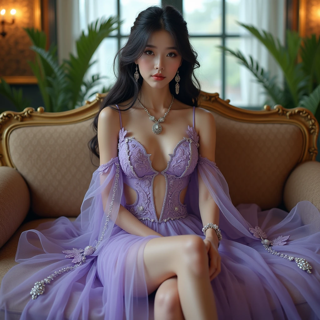 Top CG, Highest image quality, masterpiece, Gentle and beautiful girl, (185cm美女), (fit), Imperial sister, Queen temperament, White skin, ((Long legs)), perfect facial features, Bright Eyes, Seductive pose, Red lips, Beautiful and cold (A major breakthrough)), Beautiful and heroic, Soft and long hair, Glittering, Lace, net, Visible through clear skin, wear glasses, diamond earrings, ruby neckLace, (Purple dress), 8K Image Quality, (Realistic Portraits), Characters fill the screen, (Facial lighting), ((eternal)