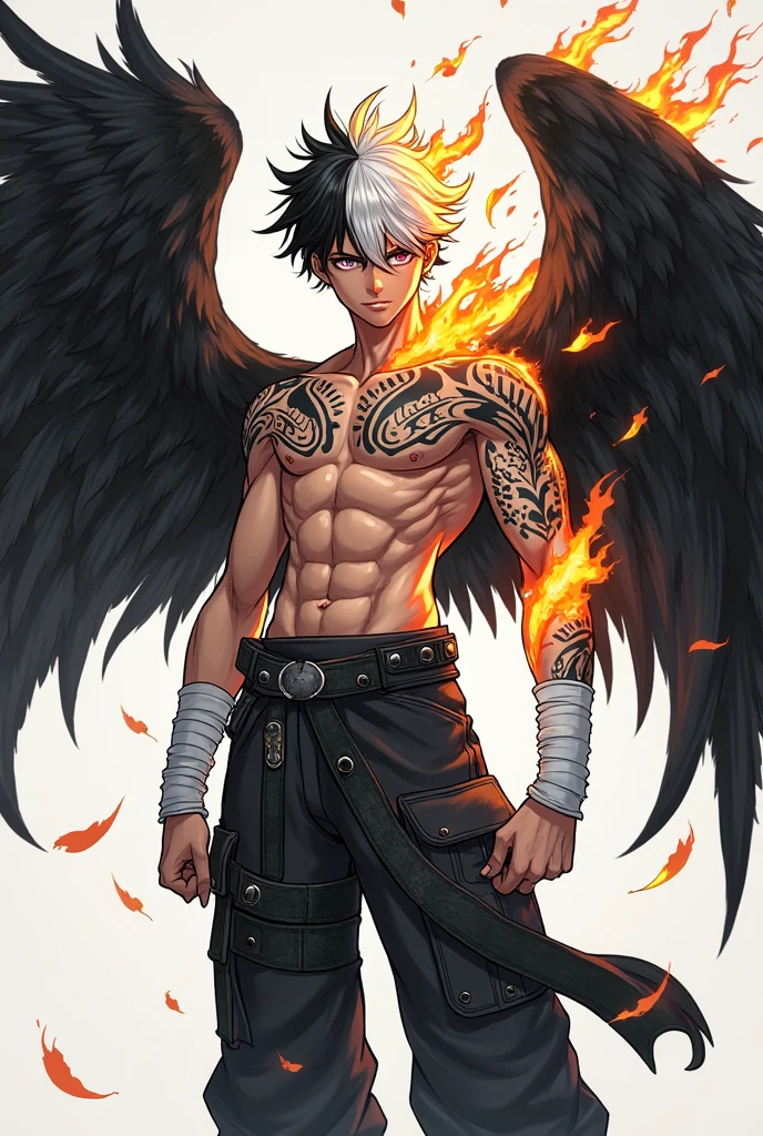 Anime boy with white hair and manly face ,shirtless,with flames on the body ,with dark cap,The cap has a small orange crown ,The pants are dark with wings drawn on the sides ,The drawn wings are golden and shine ,the hair under the cap,the hair is brown 
,The cap covers the entire top of the hair ,The boy has a tattoo on his chest that says Luigimax, put the little crown on the cap , He has white tennis shoes 