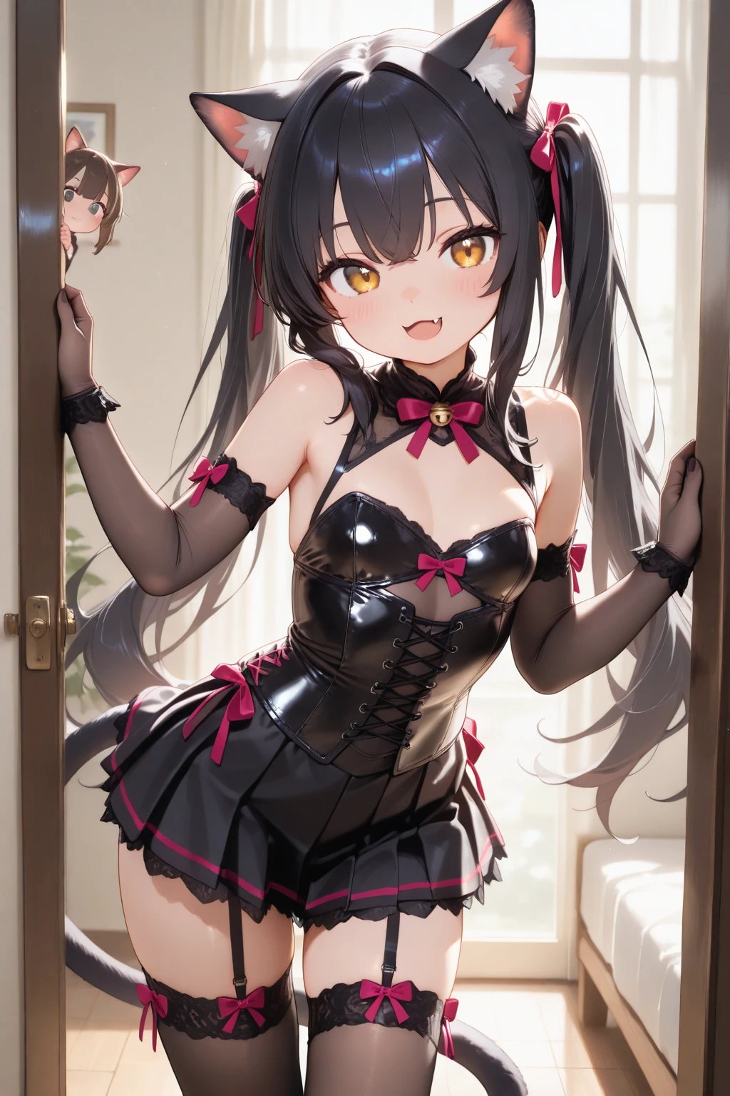 masterpiece, best quality, high quality, extremely detailed, very delicate and beautiful, (1 female 1 alone solo:1.5), (long black hair up to waist with two side up:1.5), bangs to eyebrows, eyes (eye color magenta: 1.3), 6.5 head height, (dynamic pose), the character is wearing an attractive bunny girl costume, the costume features a black leotard, rabbit ear catsuit, white cuffs and collar, and a small tail, knee socks, lace, ruffles, she is posing confidently and smiling slightly provocatively, the scene has a chic and stylish club or lounge-like atmosphere in the background, giving the overall scene a glamorous and sophisticated look.