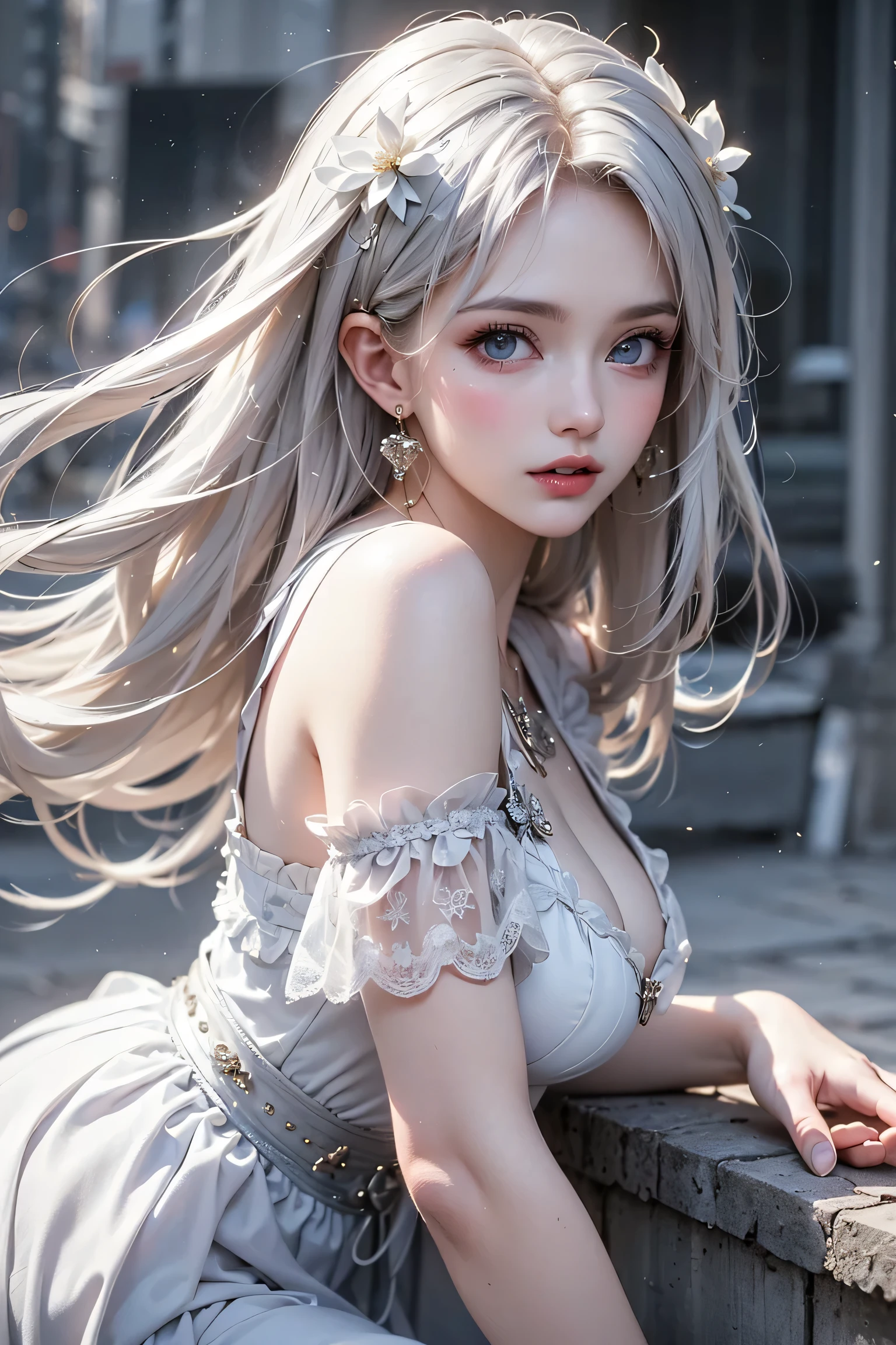 (masterpiece、highest quality、Every detail，Fantastic lighting，Shallow depth of field)(1girl,solo)(cute girl，Virgin-killing sweater，Exposing shoulders，sideboob，Long hair with white hair、medium beautiful breasts，thin and white legs、White skin)(ruins、Dilapidated Building、Collapsed Wall)(Close-up)(Close-up image from the waist up、Sexy model posing)
