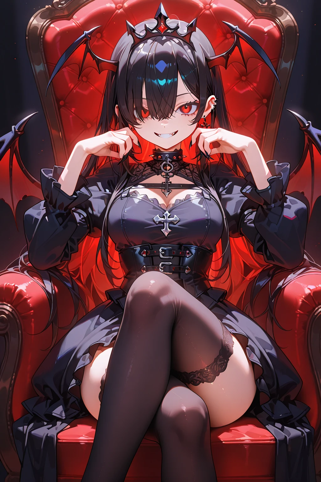 ((True best masterpiece, Ultimately perfect quality, Extremely delicate details)), ((Vampire, Evil, Nightmare, Insanity, Crazy, Horror)), ((In the darkness, Midnight, Gloom)), A vampire girl, With black hair, With glowing red eyes, With flat bust, Wearing a leggings, Sitting on the throne, King, Queen, Lord, Noble, Loyalty, Arrogant, Blue
