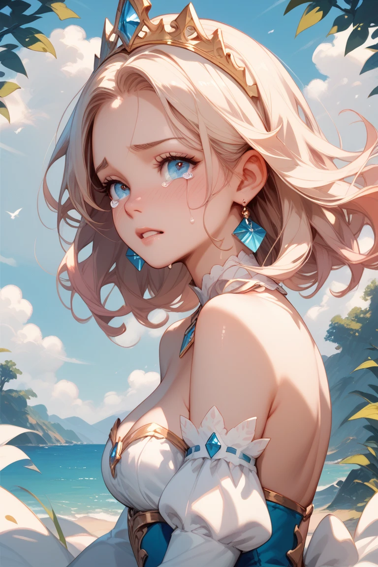 Masterpiece, high quality, best composition, one beautiful woman, full body, young woman, light brown hair, white bikini, perfect and dynamic composition, smiling face, model figure, fine details, short hair, very detailed eyes, very detailed eyebrows, very detailed skin, very detailed mouth, very detailed nose.