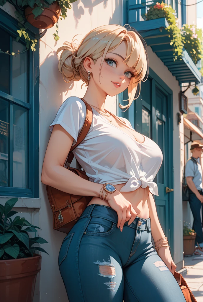 (girl),young,(masterpiece,Highest quality),((stomach)),Completely naked,belly button,(Short tube top),丈のとても短いDenim mini skirt,(Micro length)(Denim mini skirt)(opened fastener),Spread your legs,The skirt is blown up by the wind,Strong winds,No underwear,(barefoot),(Raw wrists),Blonde,(Bob Hair),(Underboob),Big Breasts,(Cleavage),Big cities of the near future,Standing posture