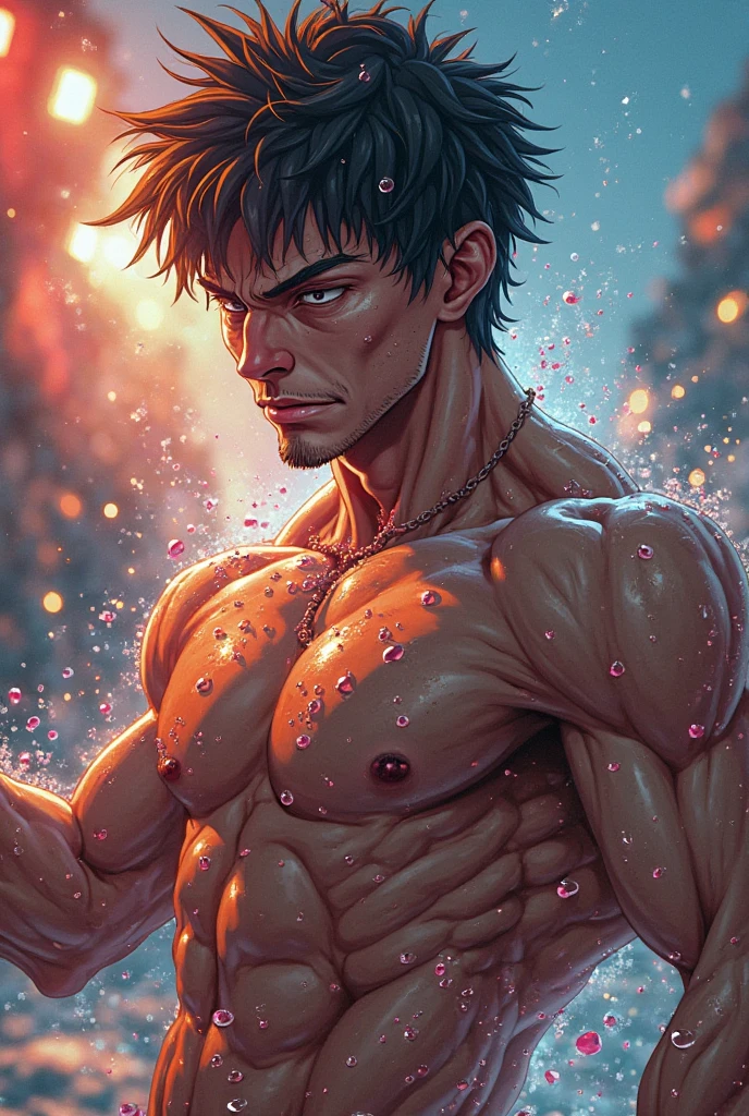 in the style of (anime, norman rockwell:0.5), sad eyes, holding self, covered in rainbow paints and powder, rainbow smoke surround the entire scene, thong, male, realistic, professional photo 4k, high resolution, high detail, soft cinematic light, intricate, highly detailed, sharp focus, cinematic look, insane details, intricate details, hyperdetailed, low contrast, soft cinematic light, exposure blend,