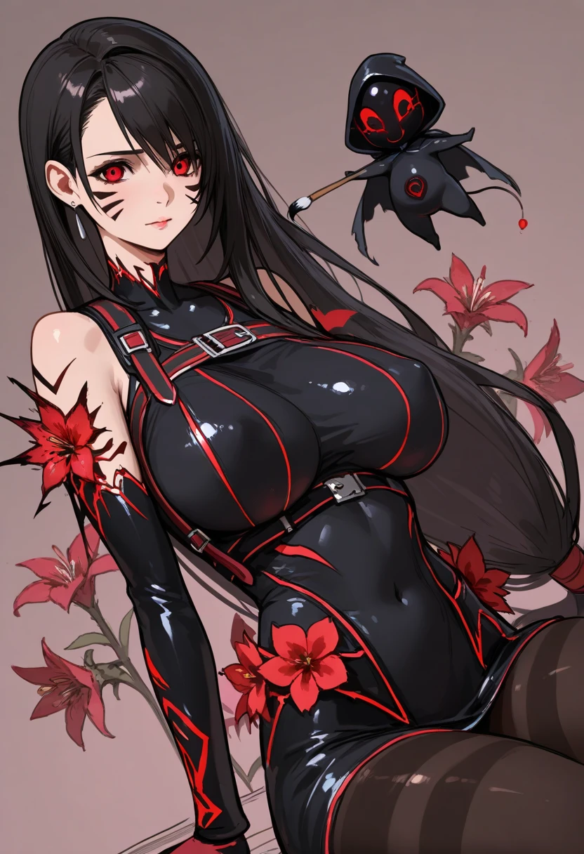1 girl、kiss，Red lips，Fox ears，(8k、Highest image quality、best quality、masterpiece)、Black latex bodysuit，Lily headdress，slim，Large Breasts，Extremely detailed facial details, handcuffs，collar，Calm expression,Red lips，sweet smile，Black long hair, Charming red eyes, Fox ears, Ridiculously big, glowing skin,Sitting on the grass，forest，Flowers