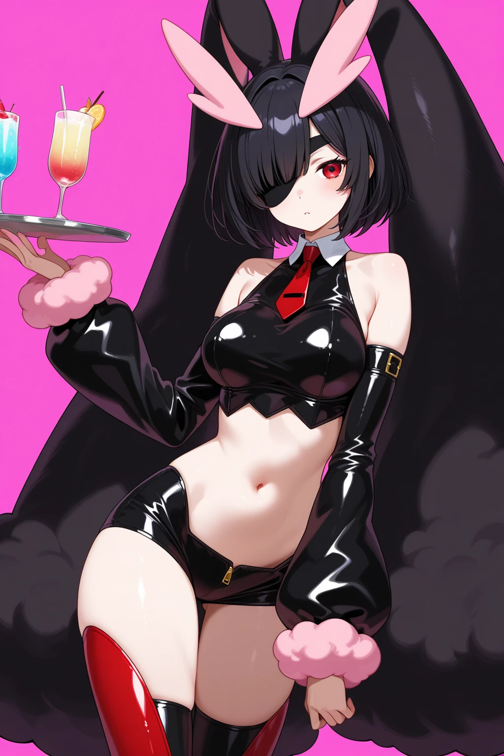 (8k、Best image quality、highest quality、masterpiece)、Detailed face、One girl、Black Hair、twintails、Grey Eyes、evil smile、((Grin))、Earrings、Large Breasts、((Reverse Bunny Suit))、((heart Nipple cover))、Cowboy Shot、Cowboy Shot、Hands on hips、Stage Background
