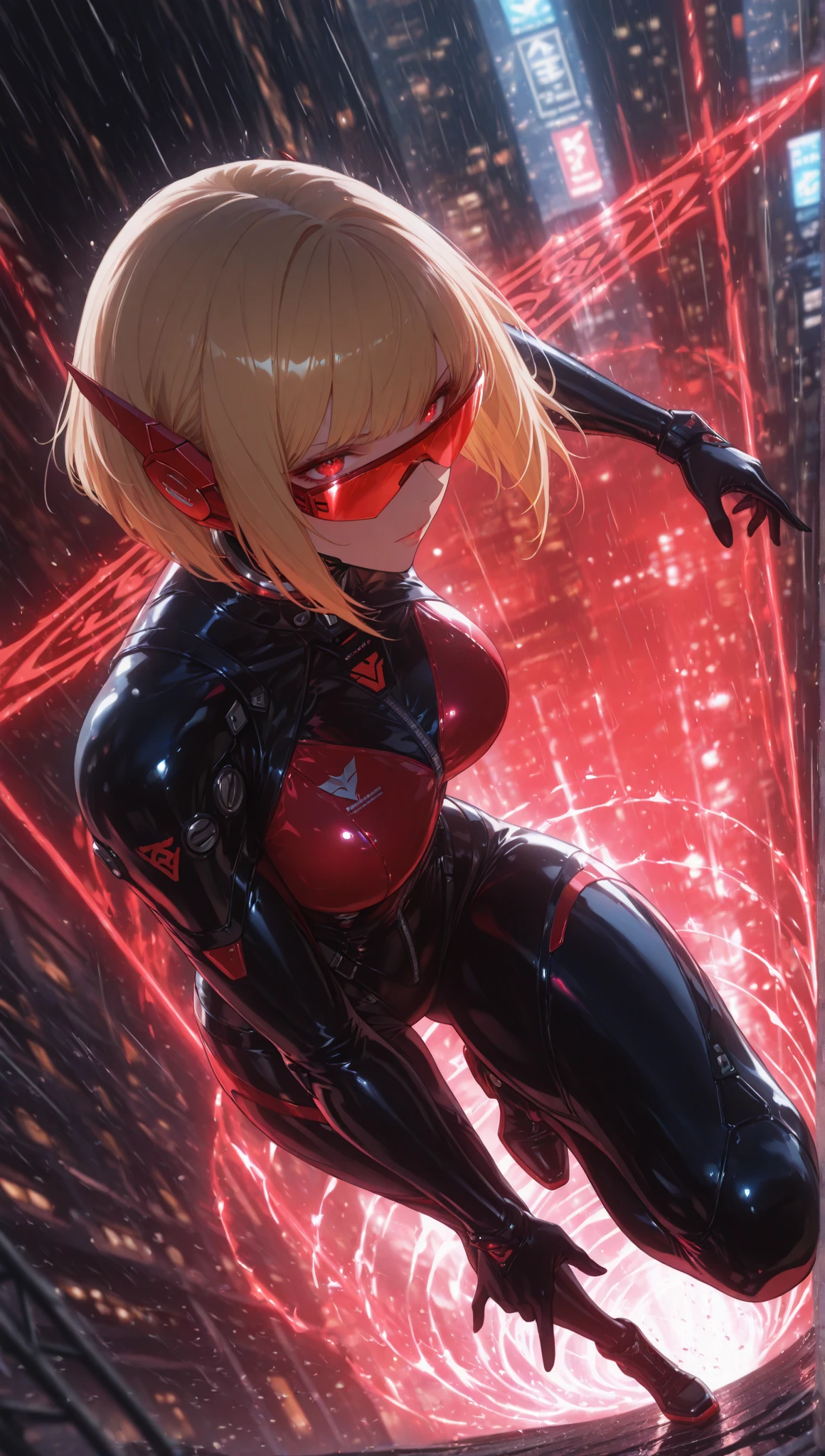 (mechanical parts:1.5),fighting , glowing eyes, short hair,torn tight supersuit, in a futuristic city, lights and neon, glowing power aura, lovely pose, dynamic view
