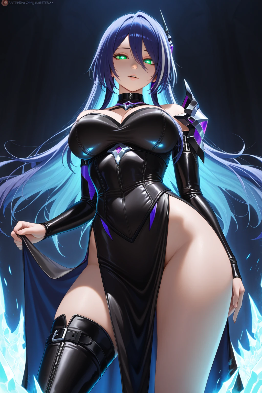 dark ultramarine blue futuristic demon warrior (queen) girl in coverall armored suit (((skirt))) (mantle hem) with sword, magic, ((lacy)), futurism, cyberpunk, silk, fur, (stockings), (decollete), navel, natural breasts, slim body, zettai ryouiki, ((medium length dull scarlet hair)), (beautiful detailed bright magenta eyes), portrait, (beautiful and aesthetic:1.2, fractal art:1.4), most realistic, hyper-realistic, RAW, highest quality, best quality, Detailed, Realistic, 4k highly detailed digital art, octane render, bioluminescent, (cool_color), best pixels, 8k ultra, extremely detailed CG unity 8k wallpaper, cinematic lighting