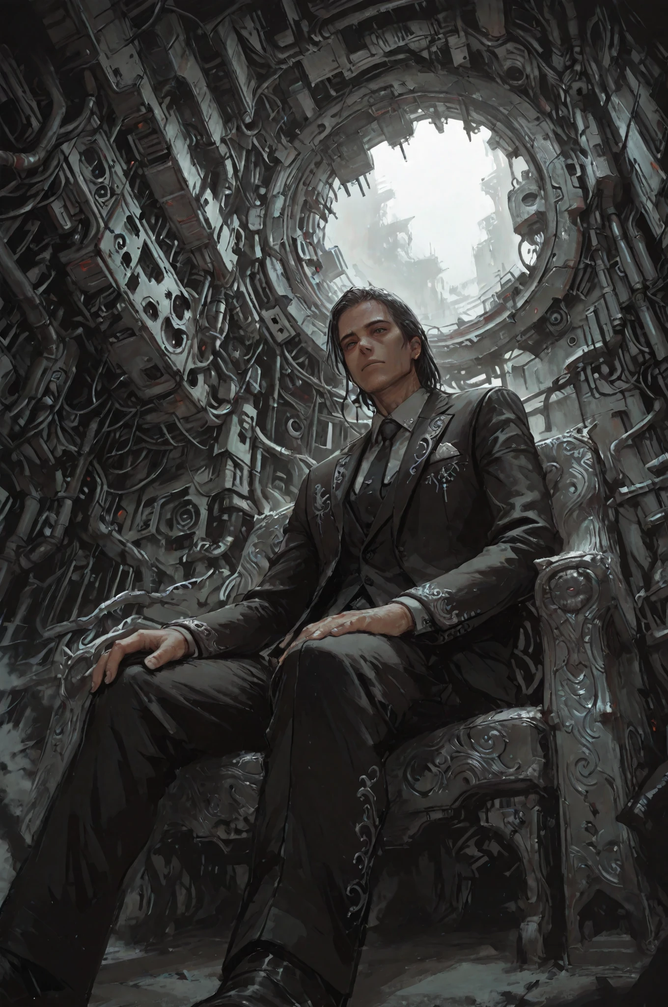 detailxl,tatsuyuk, from below, sitting, formal suits with silver embroidery, noble man, dystopia landscape