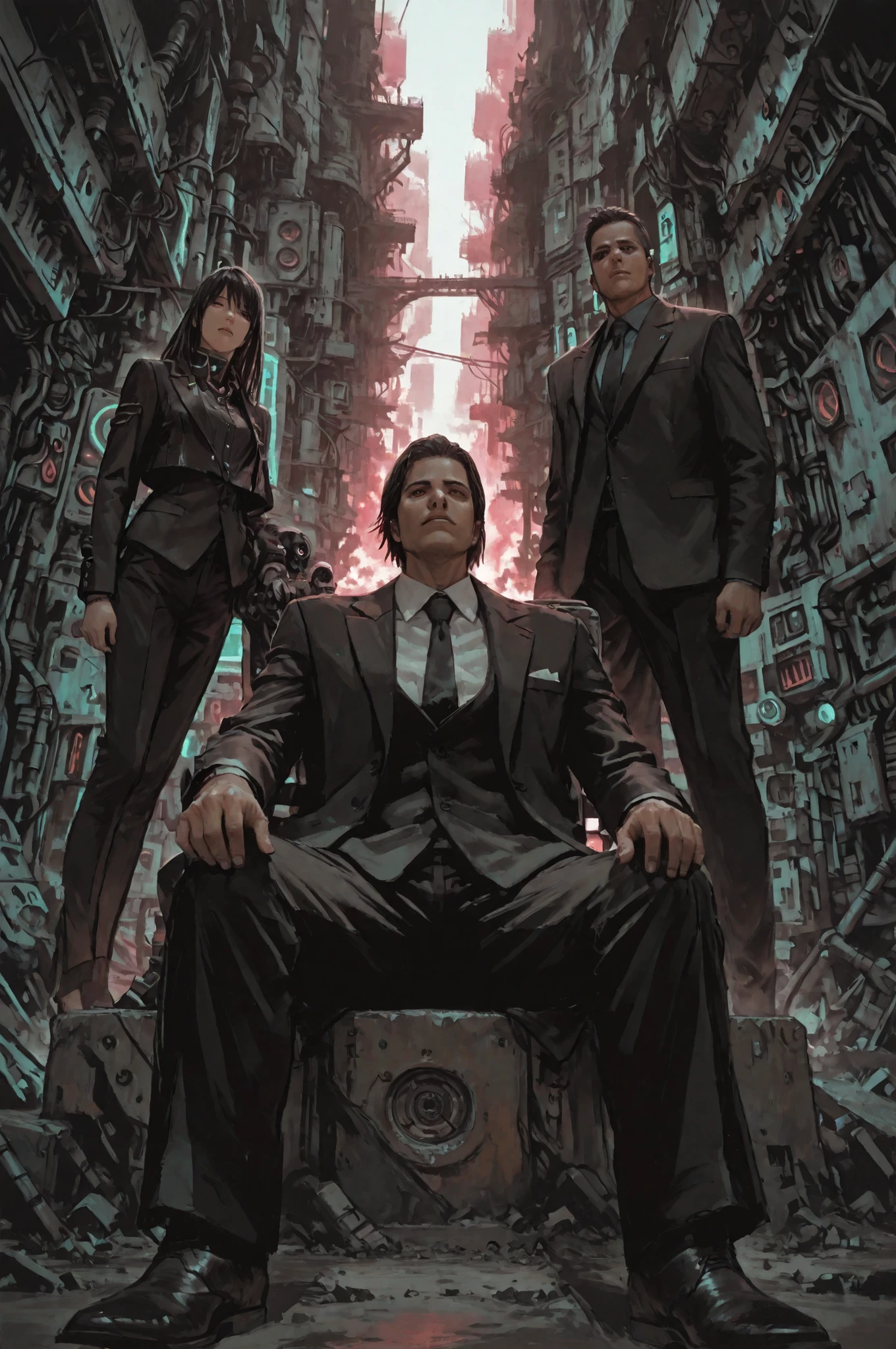 detailxl,tatsuyuk, from below, sitting, formal suits, noble man, dystopia landscape