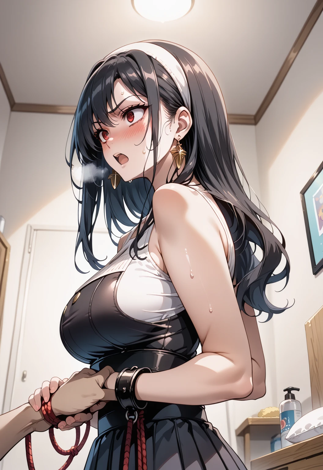 Dark grey sheer cheongsam，Long black hair，Wavy hair style，Huge Breasts，cleavage，Pistol hanging from waist，fighter pilot，fighter hangar，Sexy，Lipstick，Gray eyes，stockings，Smile，earrings，lipstick，Nipple showing，plump figure，Big Ass