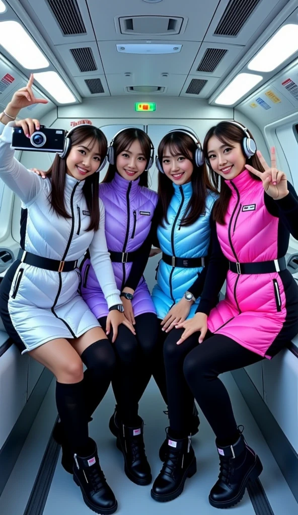 masterpiece, best quality, ultra-detailed, Four cheerful young women strapped into padded reclining launch seats aboard a futuristic orbital shuttle, posing for a group selfie just before liftoff. They are wearing shiny, quilted puffer dresses in silver, lavender purple, neon blue, and hot pink with black belts and high collars, over black long-sleeved undersuits, black leggings, and space boots. Each wears sleek black futuristic headphones. The interior is compact and filled with illuminated control panels, holographic indicators, and padded walls with emergency labels. One girl extends her arm holding a floating holographic camera, while the others smile and gesture peace signs. The mood is joyful, excited, and slightly tense — the electric anticipation before takeoff captured in a pop-sci-fi idol style.