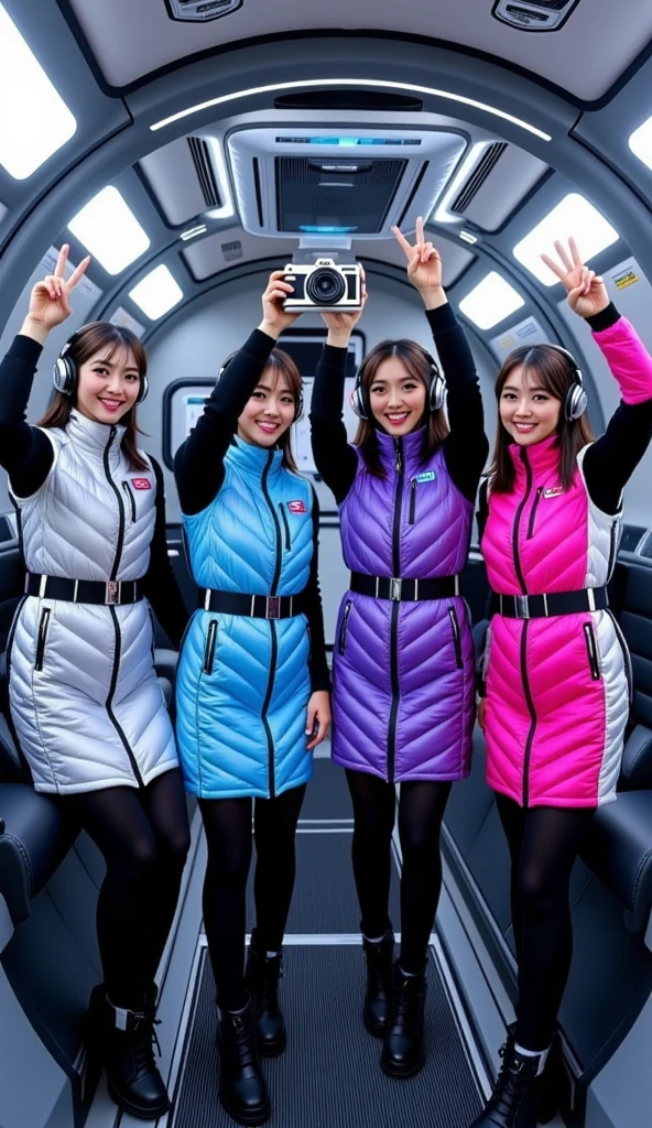 masterpiece, best quality, ultra-detailed, Four cheerful young women strapped into padded reclining launch seats aboard a futuristic orbital shuttle, posing for a group selfie just before liftoff. They are wearing shiny, quilted puffer dresses in silver, lavender purple, neon blue, and hot pink with black belts and high collars, over black long-sleeved undersuits, black leggings, and space boots. Each wears sleek black futuristic headphones. The interior is compact and filled with illuminated control panels, holographic indicators, and padded walls with emergency labels. One girl extends her arm holding a floating holographic camera, while the others smile and gesture peace signs. The mood is joyful, excited, and slightly tense — the electric anticipation before takeoff captured in a pop-sci-fi idol style.