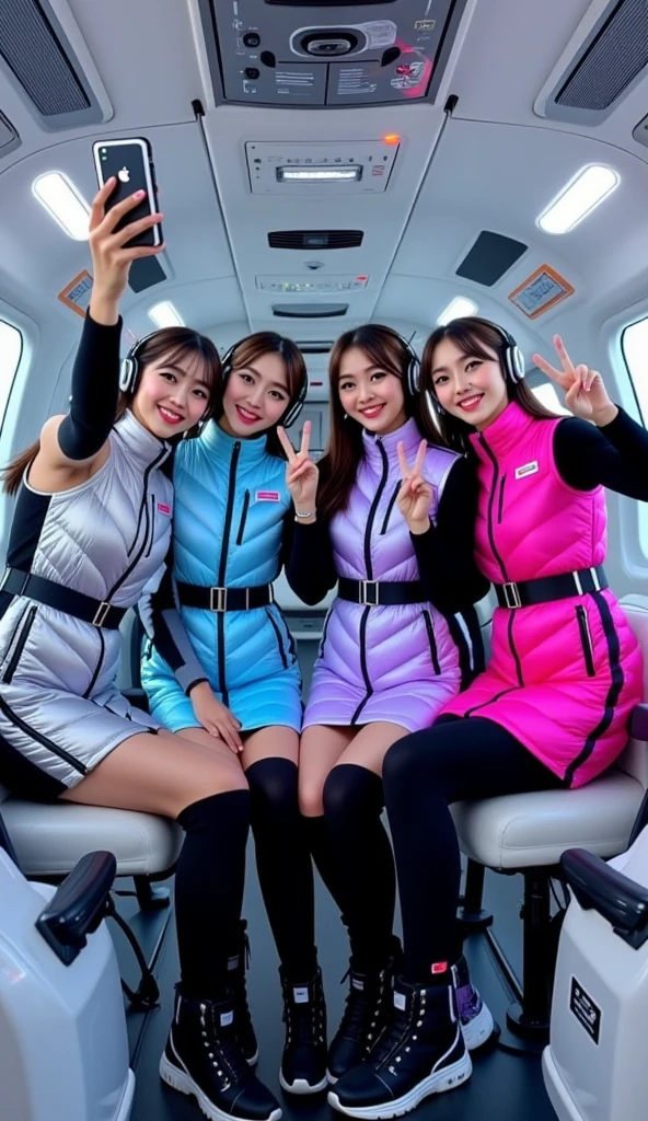 masterpiece, best quality, ultra-detailed, Four cheerful young women strapped into padded reclining launch seats aboard a futuristic orbital shuttle, posing for a group selfie just before liftoff. They are wearing shiny, quilted puffer dresses in silver, lavender purple, neon blue, and hot pink with black belts and high collars, over black long-sleeved undersuits, black leggings, and space boots. Each wears sleek black futuristic headphones. The interior is compact and filled with illuminated control panels, holographic indicators, and padded walls with emergency labels. One girl extends her arm holding a floating holographic camera, while the others smile and gesture peace signs. The mood is joyful, excited, and slightly tense — the electric anticipation before takeoff captured in a pop-sci-fi idol style.