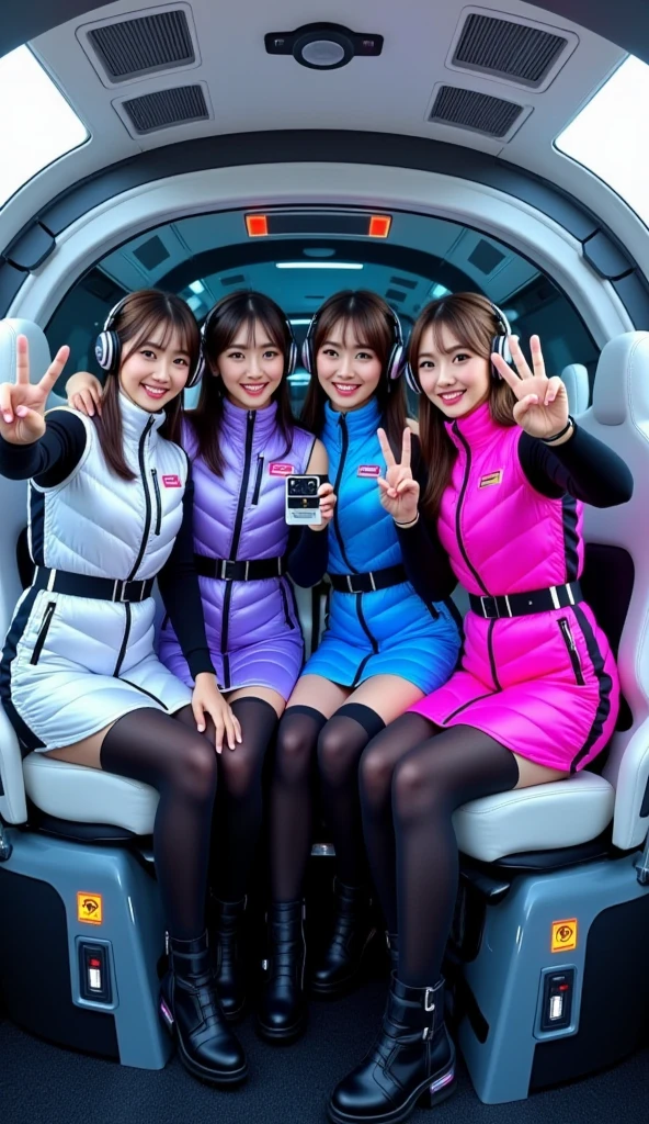 masterpiece, best quality, ultra-detailed, Four cheerful young women strapped into padded reclining launch seats aboard a futuristic orbital shuttle, posing for a group selfie just before liftoff. They are wearing shiny, quilted puffer dresses in silver, lavender purple, neon blue, and hot pink with black belts and high collars, over black long-sleeved undersuits, black leggings, and space boots. Each wears sleek black futuristic headphones. The interior is compact and filled with illuminated control panels, holographic indicators, and padded walls with emergency labels. One girl extends her arm holding a floating holographic camera, while the others smile and gesture peace signs. The mood is joyful, excited, and slightly tense — the electric anticipation before takeoff captured in a pop-sci-fi idol style.