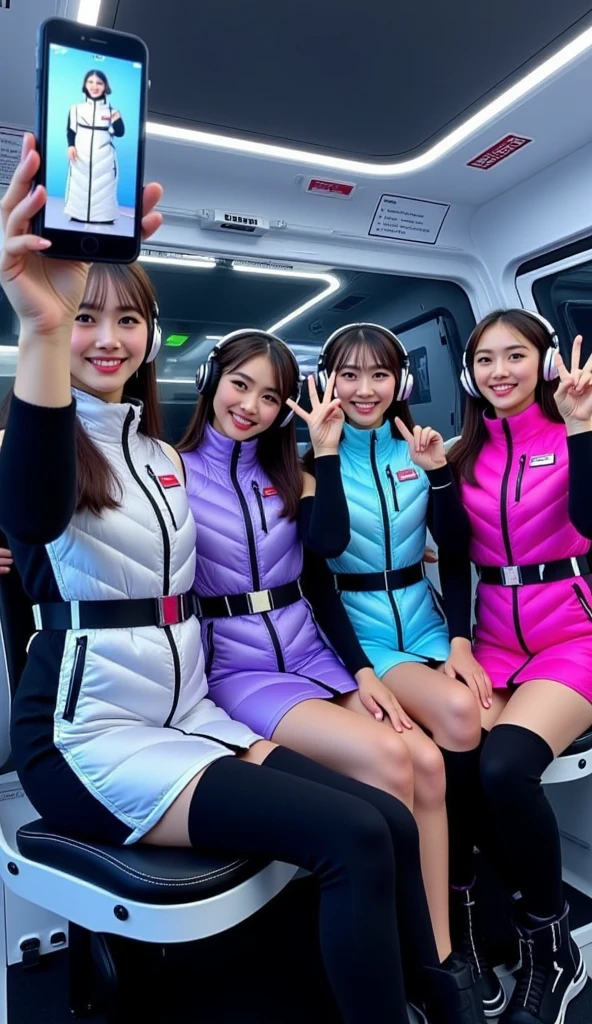 masterpiece, best quality, ultra-detailed, Four cheerful young women strapped into padded reclining launch seats aboard a futuristic orbital shuttle, posing for a group selfie just before liftoff. They are wearing shiny, quilted puffer dresses in silver, lavender purple, neon blue, and hot pink with black belts and high collars, over black long-sleeved undersuits, black leggings, and space boots. Each wears sleek black futuristic headphones. The interior is compact and filled with illuminated control panels, holographic indicators, and padded walls with emergency labels. One girl extends her arm holding a floating holographic camera, while the others smile and gesture peace signs. The mood is joyful, excited, and slightly tense — the electric anticipation before takeoff captured in a pop-sci-fi idol style.