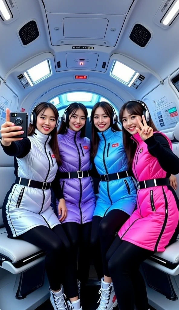 masterpiece, best quality, ultra-detailed, Four cheerful young women strapped into padded reclining launch seats aboard a futuristic orbital shuttle, posing for a group selfie just before liftoff. They are wearing shiny, quilted puffer dresses in silver, lavender purple, neon blue, and hot pink with black belts and high collars, over black long-sleeved undersuits, black leggings, and space boots. Each wears sleek black futuristic headphones. The interior is compact and filled with illuminated control panels, holographic indicators, and padded walls with emergency labels. One girl extends her arm holding a floating holographic camera, while the others smile and gesture peace signs. The mood is joyful, excited, and slightly tense — the electric anticipation before takeoff captured in a pop-sci-fi idol style.