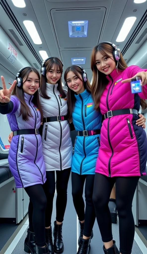 masterpiece, best quality, ultra-detailed, Four cheerful young women strapped into padded reclining launch seats aboard a futuristic orbital shuttle, posing for a group selfie just before liftoff. They are wearing shiny, quilted puffer dresses in silver, lavender purple, neon blue, and hot pink with black belts and high collars, over black long-sleeved undersuits, black leggings, and space boots. Each wears sleek black futuristic headphones. The interior is compact and filled with illuminated control panels, holographic indicators, and padded walls with emergency labels. One girl extends her arm holding a floating holographic camera, while the others smile and gesture peace signs. The mood is joyful, excited, and slightly tense — the electric anticipation before takeoff captured in a pop-sci-fi idol style.