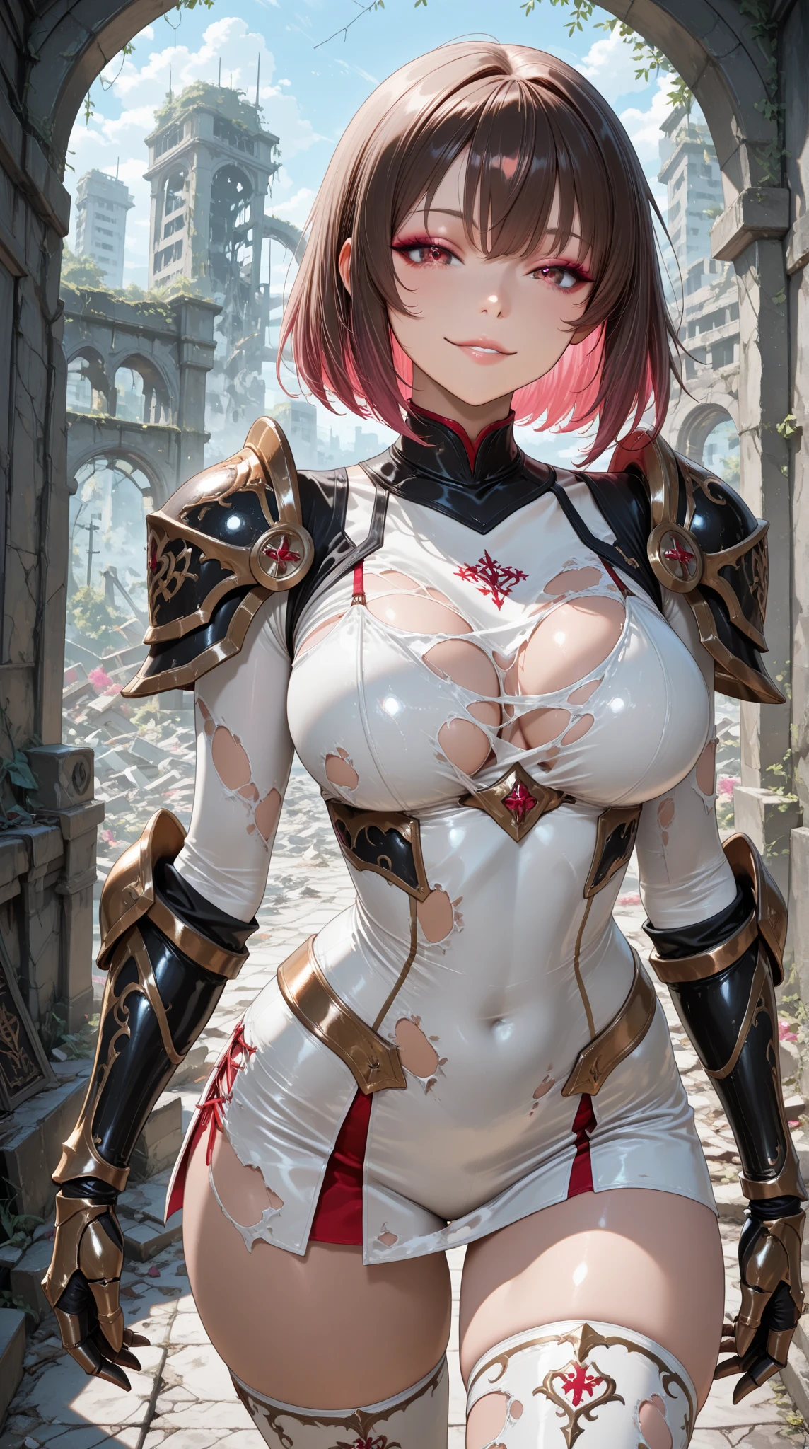 (( (tmasterpiece),(Very detailed CG Unity 8K wallpaper),best qualtiy,cinmatic lighting,细致背景,beatiful detailed eyes,Bright pupils,(Very fine and beautiful),(Beautiful and detailed eyes description),ultra - detailed,tmasterpiece,hight resolution)), Curly, Richly decorated armor, a beautiful woman warrior, (◯◯Hair-:1.3), cleavage of the breast
