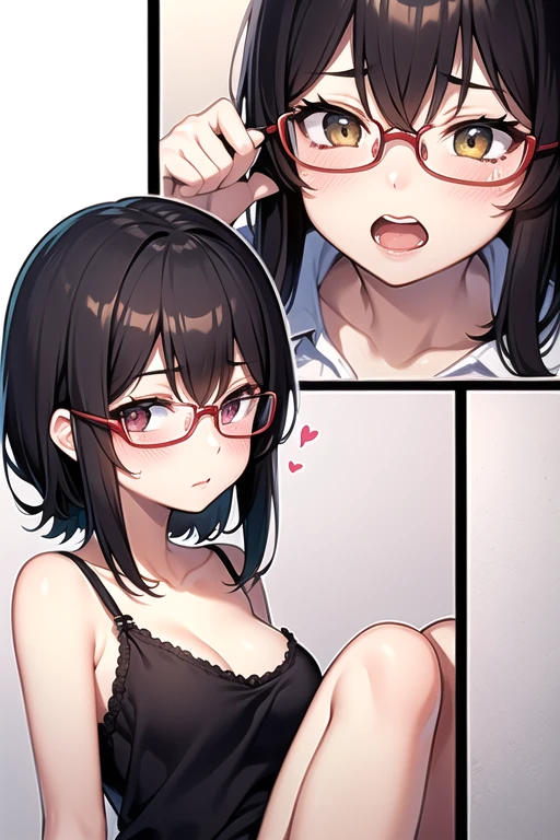 black short bob, medium breast, brown eyes, adult lady, black tight sweater, black tight skirt, open mouth, embarrassed, black glasses, add detail, masterpiece, lying on the bed, ((closeup,watching at the viewer, flushed cheek,excited,torogao,feeling orgasm,trembling,sweaty body)), pov ,shiny skin, shiny body,1girl,masturbation, vibrator