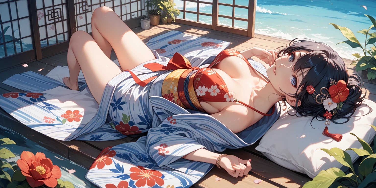 Unohana,bleach,solo,swim suit,haori,japanese clothes,red eyes,beach, moon,thick thighs,outstanding details,very high quality, parted lips,beautiful
