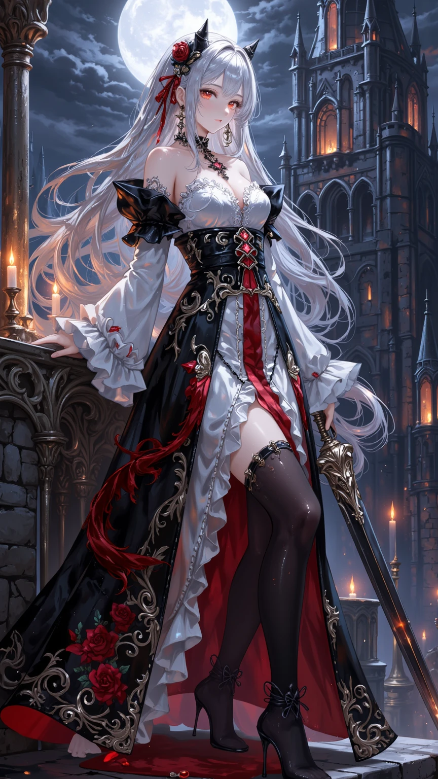  ((best quality)), ((masterpiece)), (detailed), 1girl, off-shoulder, Character design, female, dynamic poses, long white grey hair, grey white eyes, very skinny, detailed, best quality, no accesoires around the neck, no shoes, prominent collarbones, skinny arms, flat stomach, visible hip bones, full body, blank white background, plain background, white background, red and white clothing, Bloodborne inspired, occult aesthetic, occult, detailed and intricate steampunk and detailed gothic, NSFW, Very dramatic and cinematic lighting, cosmic horror, grim-dark, side-lighting, perfect face, NSFW, Fluttering lace flared long knee length dress with frilly petticoats, knee length dress, pleated petticoats, petticoats gothic, complex lace boots, side-lighting, gothic lolita aesthetic, wielding a mighty sword with mechanical components, mandalas, small breasts, a fairy, various different types of insect wings, NSFW, full body, whole body, body, plain background, white background, blank background, no background, white background NSFW, chains, full body, whole body, head-to-toe NSFW, oil painting 