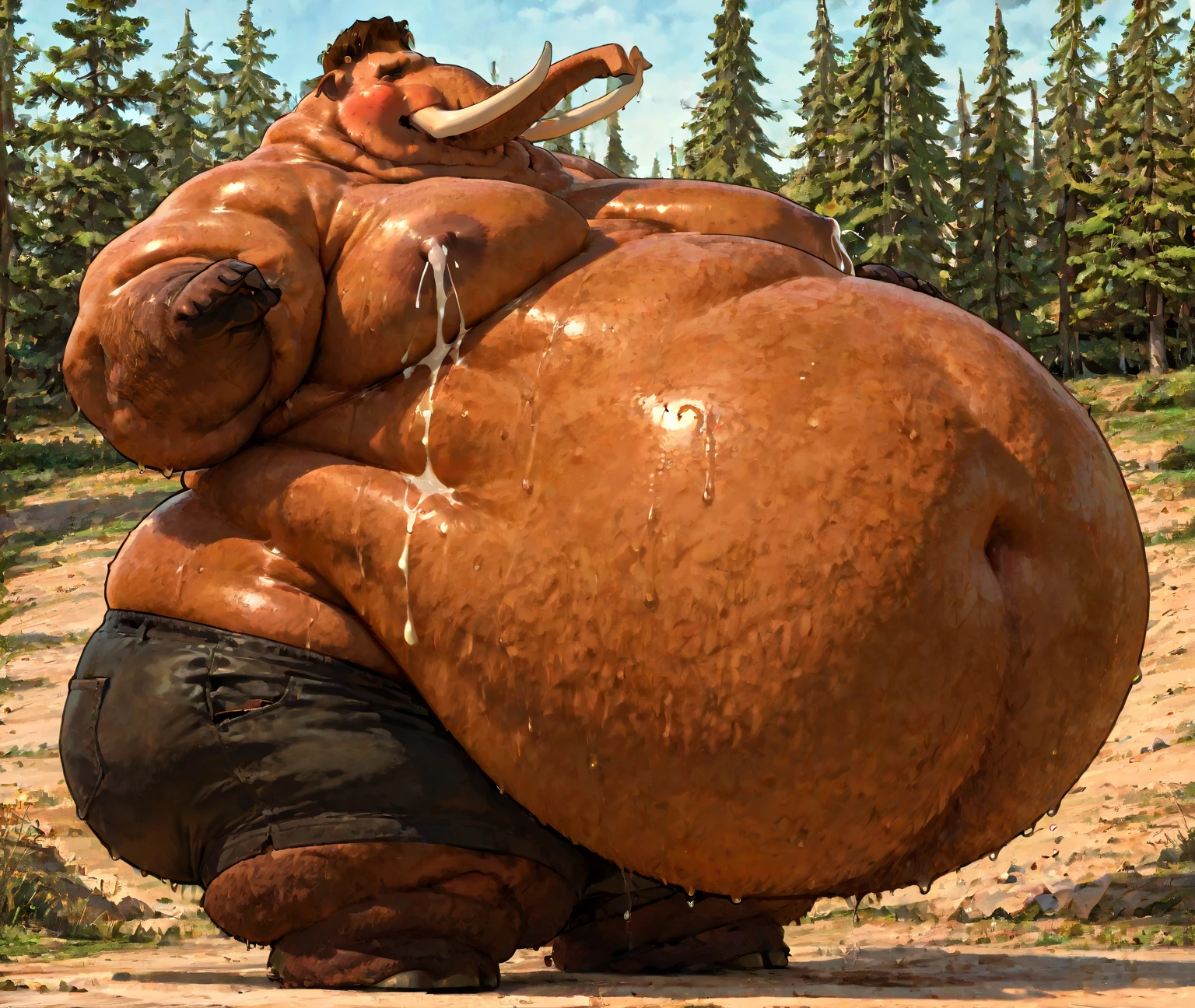 Scarlet Lizard Beastman Male。
Big muscles。Big Belly。thick limbs。
Loincloth。bulge。Upper body naked。
grassland。sweating。Realistic。