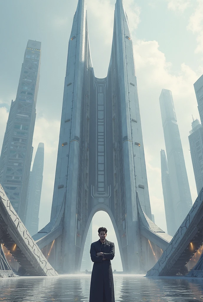 That the building looks futuristic and that there is a man standing in ...