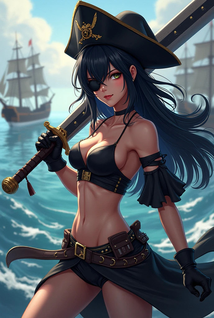 1_girl, solocurvasious. short, black hair. She has aqua blue eyes. wearing a pirate hat. tatoos on the side of her left thigh. Heart tatoo on her right breast. Wearing a black latex bikini, beach background,  splashing in the water, bottom view 