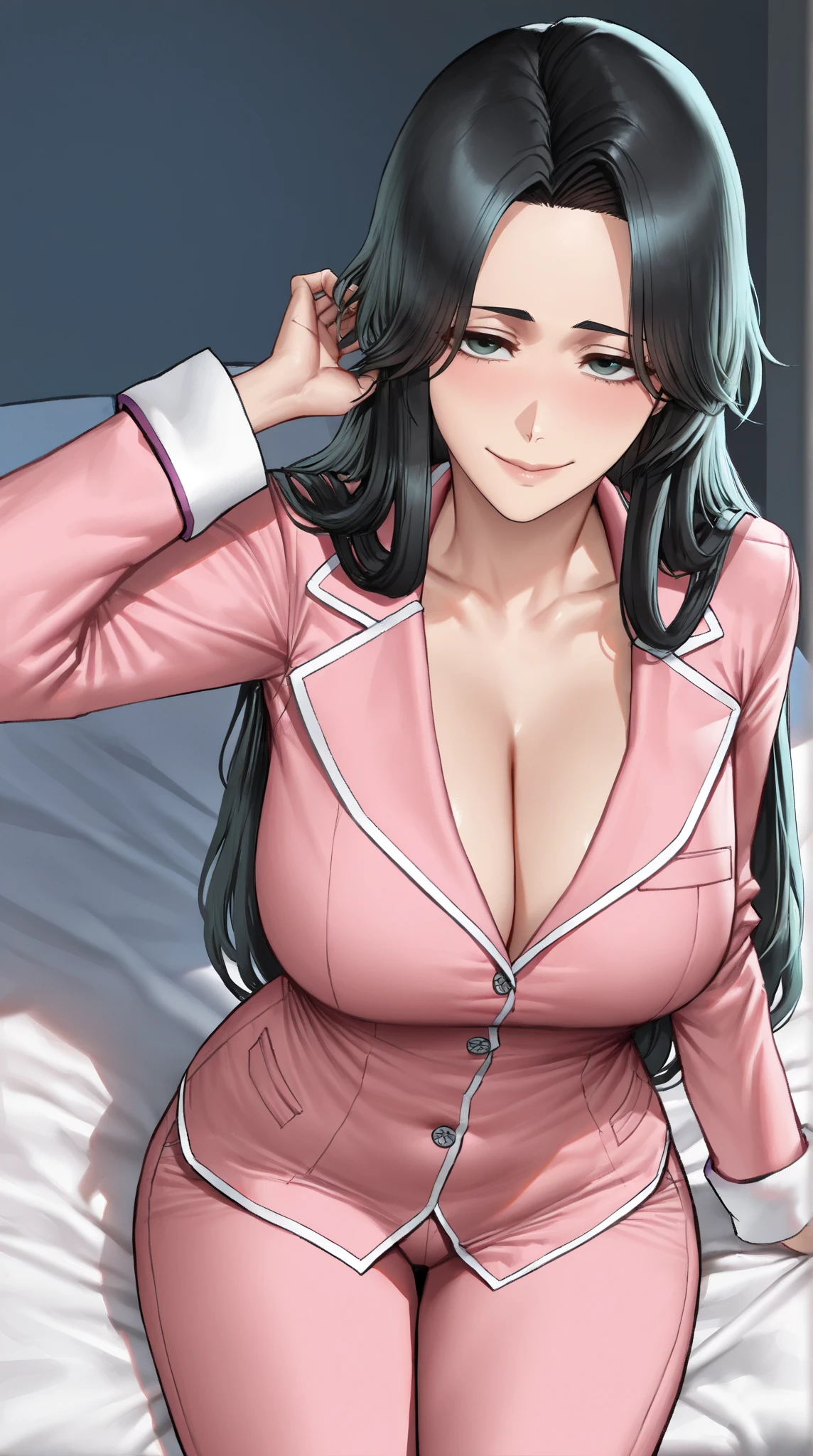 ((super high quality,Ultra-high resolution,16K,super masterpiece,Ultra HD ,Detailed shading)),Dimly lit bedroom,Full body photo,Lying in bed,sexy mother,40 years old,Waist 85cm,White naked shirt,Cleavage,popped Tight collar,Long sleeve,Short black hair,Glasses,View here,blush,Pearl Earrings,Pearl Necklace,Engagement Rings,