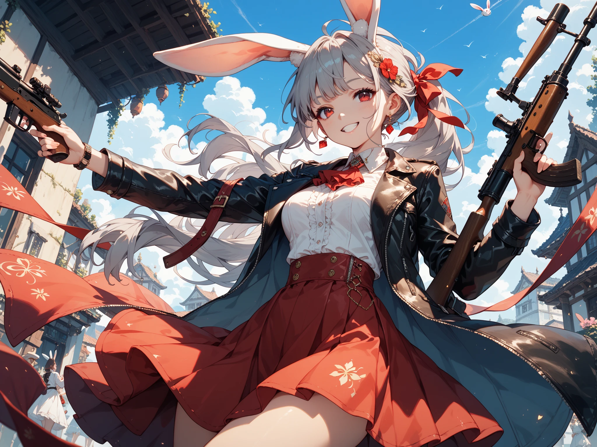 (masterpiece), Highest quality, Fantasy art, One girl,alone, a girl firing her long machine gun in Wonderland, white_hair, long hair, anger, Grin, smile, (red_Food:1.4), Bunny ears, Long coat, skirt, boots, (((Ammunition belt))), gun, Bullet casing, machine gun, arms, (Wonderland:1.2), city