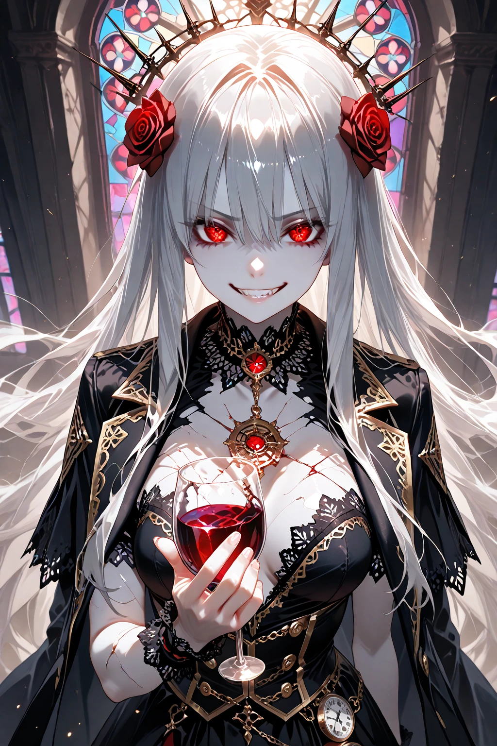 vampire, red alchemy potions, red alchemy potion, potion bottle, glowing red potion, masterpiece, best quality, ultra-detailed, illustration, ultra-detailed face, best quality face, evil, 30 years old, adult, 1girl, 30 years old, no human, white hair, alchemy outfit, intricate detailed outfit