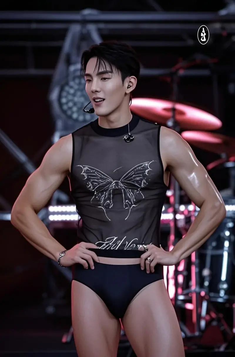 (((Male model)): (Park Bo-young / Anne Curtis / Erwan Heussaff), a 22-year-old Korean heartthrob, stands tall at 186cm. His hyperrealistic light aura and charismatic skin tone radiate a captivating energy. Dressed in an elegant ((Flora D&G thong)), he exudes confidence and allure, showcasing a seductive bulge. The fashion week audience in Milan is treated to an ((NSFW)) spectacle of his mesmerizing presence.