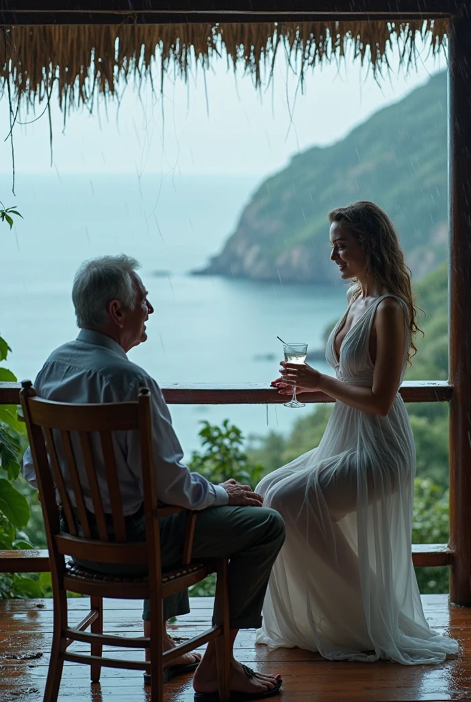A beautiful soaked woman with long drenched blonde hair wearing navy business suit with black satin blouse together with her friend in black satin long shirtdress . They are comming out of deep water near a small floating dock . waist deep in water. Green grass, some trees, a boat, an old man