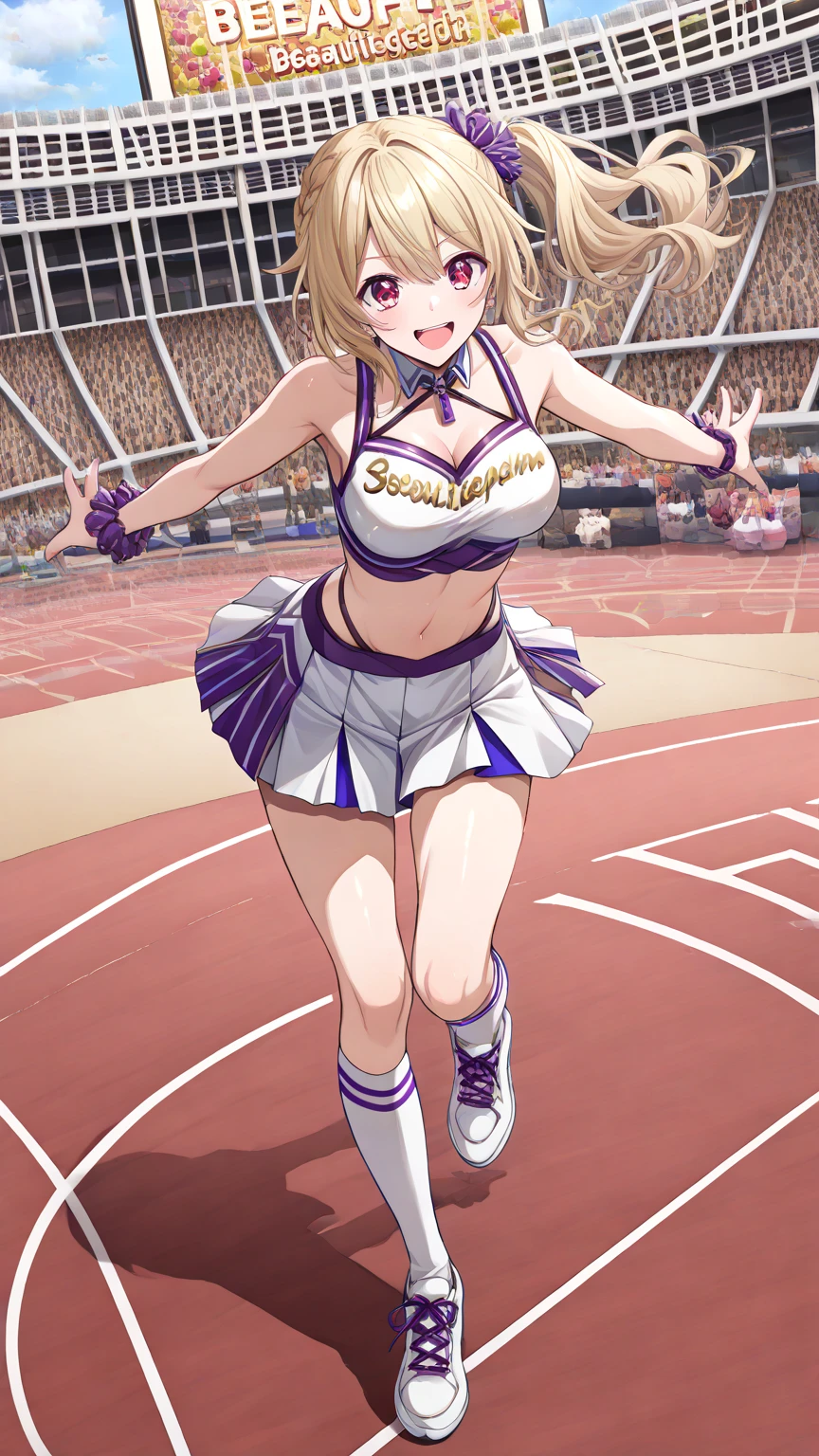 one girl, ((full body)), solo, 1 blonde beauty, pale blue eyes, carefree demeanor, delicate frame, long blonde hair cascades down her back, her hair framing her heart-shaped face, eyes hold a sparkle of excitement, wonderful smile, (perfect anatomy), perfect hands, perfect face, white Cheerleader crop top, cleavage, cheerleader skirt, seductive pose (cinematic lighting, perfect lighting), (vivid colors), very detailed. very high resolution, sunset, realism, football field, stadium 