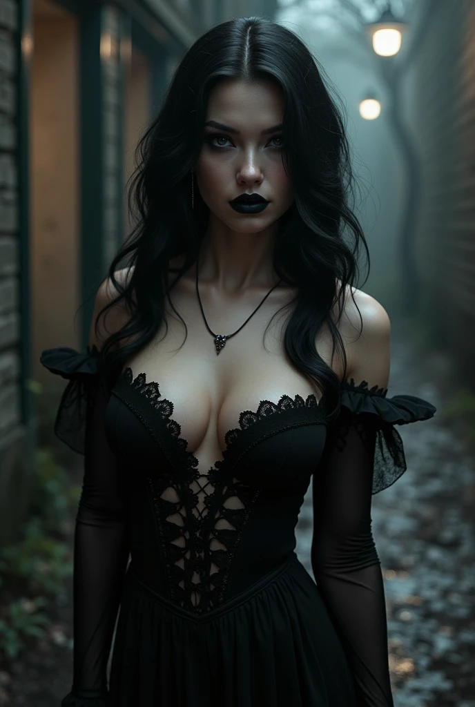 attractive gothic girl, aestetic body, medium tits,gothic aesthetics, dark blue, fog, haze, shadows, lighting effects, mysterious appearance, high contrast, stone cave walls in the background, detailed face, ultra detail, hyperrealism,