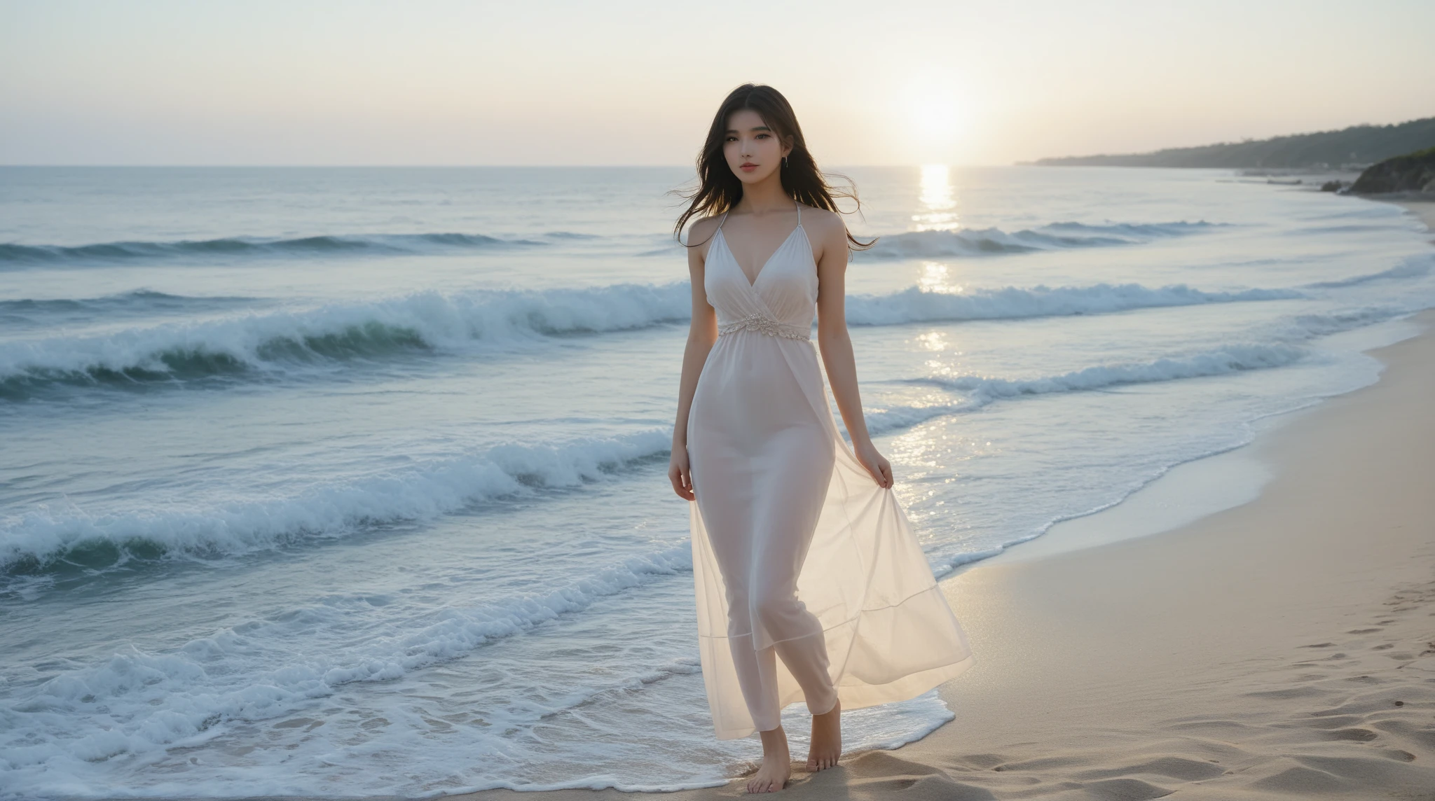 1 woman, (looking at viewer:1.2), detail face, (standing girl, Lending on cgsociety, beach background), romanticism, atmosphere, (RAW photos, best quality), (realistic, photo-realistic:1.3), masterpiece, very delicate and beautiful, very detailed, d cup，class photo，（Wearing a translucent pink tulle dress1.5）