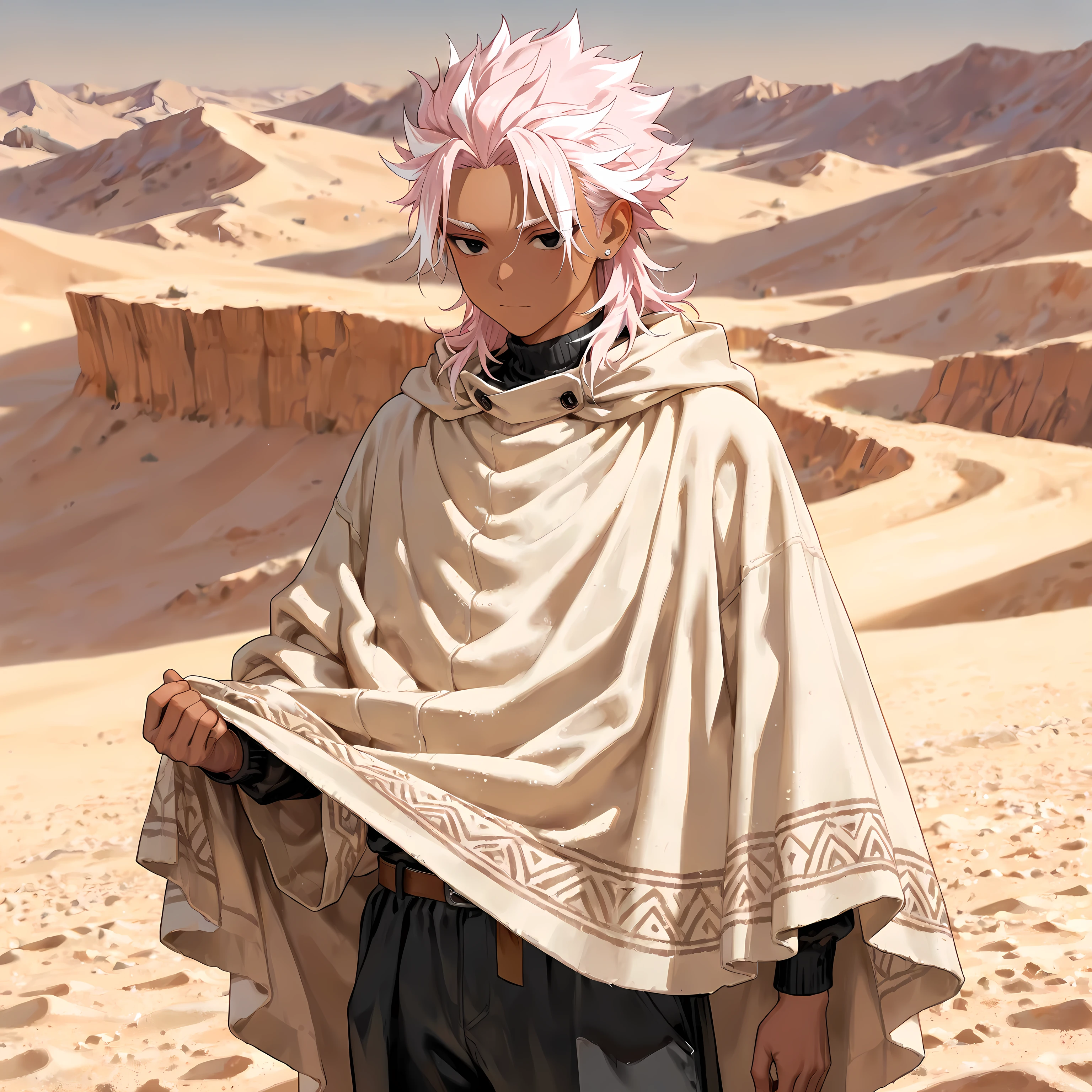 masterpiece , best quality , 1male , 18 years old adolescent , male focus , masculine , dark skin , caramel skin , solo , medium hair , light pink hair with white highlights , wavy spiked hair , relaxed charcoal black eyes , black turtleneck , baggy black pants , sand colored poncho cape , relaxed expression , standing still , silver stud earrings , desert background , detailed background , close-up