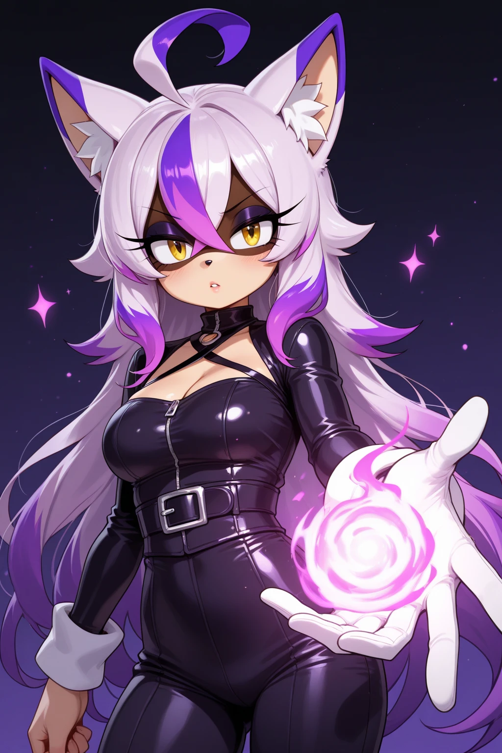 <lora:3DXR_V1:1.00>, 3DXR, 3DMM,,<lora:disney:1.00>,, solo focus, catgirl, very large cat ears, cat tail, purple-gold gradient eyes, purple-black hair, short hair, curly hair, medium breasts, cleavage, exposed shoulders, hair between eyes, crossed bangs, neck ribbon, panting open mouth with fang, Night, Winter, <lora:implied_pregnancy:1.00>, pregnancy test, portrait,, Swimming Pool