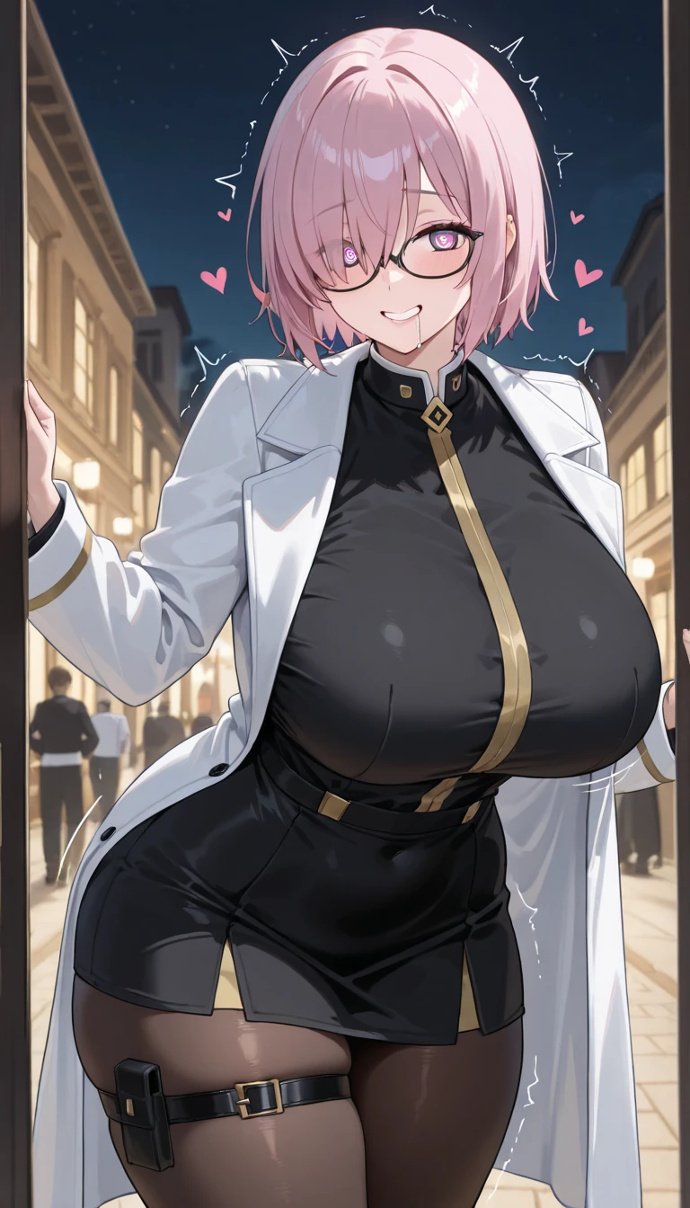 1girl, anime screencap, 2d, anime style, eyla \(genshin impact\), pink hair, breasts, large breasts, thick thicks, wide hips, smile, black headband, headband, hourglass figure, very short hair, short hair, cropped jacket, (white jacket), simple jacket, white jacket, bolero, black shirt, blue eyes, white shorts, pantyhose, black pantyhose, normal clothes, shorts, short, simple clothes