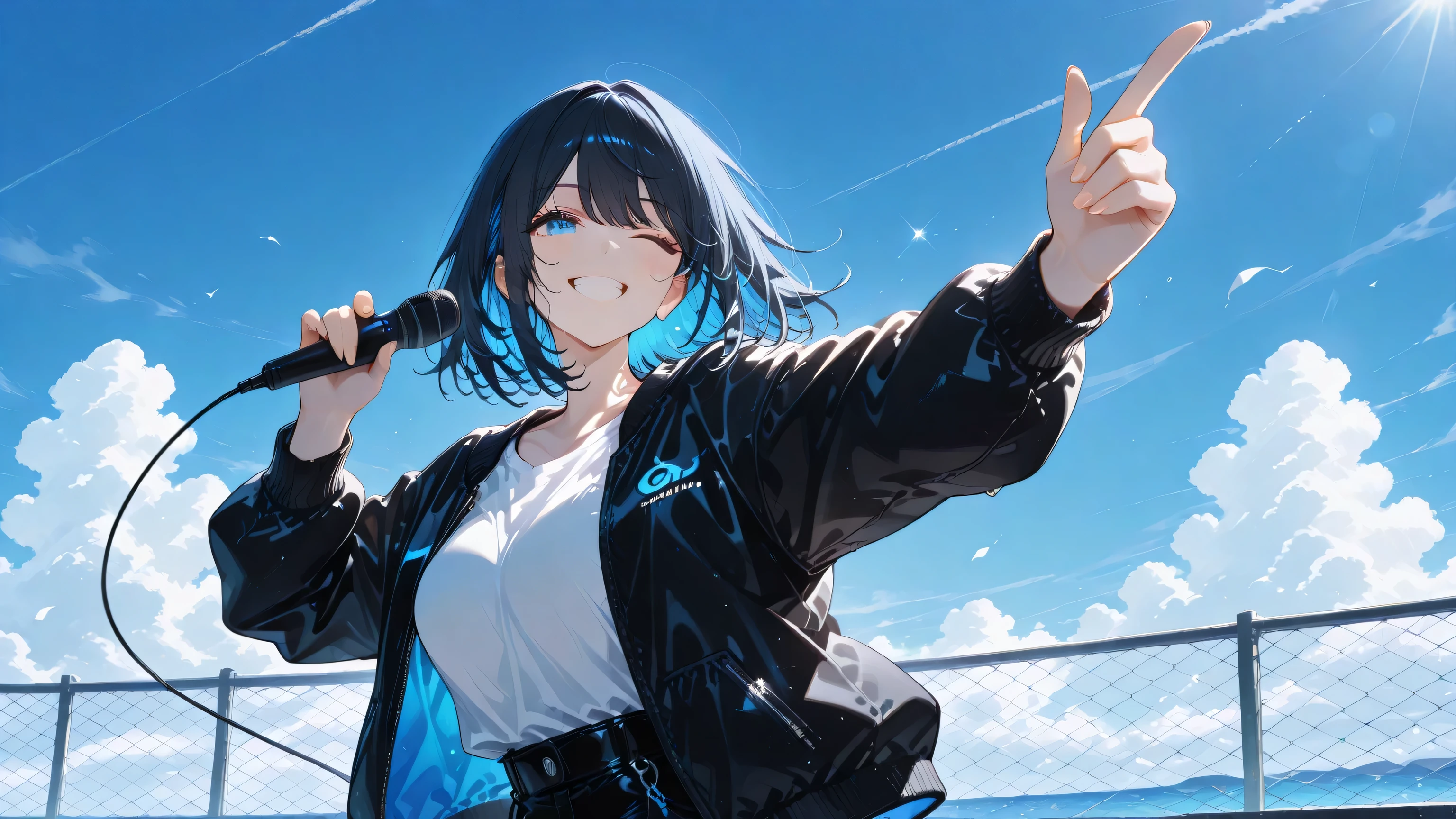 masterpiece, one girl, black medium hair, short cut, blue inner hair, asian, blue eyes, holding wireless microphone, wearing jean, white shirt, black jacket, summer, winking, jumping pose, smiling